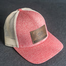 LIMITED EDITION - Red Heather/Birch Color LOW PROFILE Trucker Style Hat with Leather Patch - 30+ Stamp Design Options