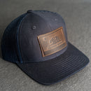 LIMITED EDITION - Navy Color YOUTH Trucker Style Hat with Leather Patch - 20 Stamp Design Options