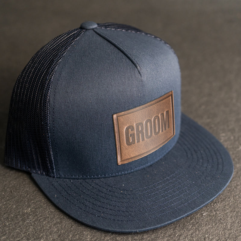 LIMITED EDITION - FLAT BILL Trucker Style Hat with Leather Patch - Navy Hat - 30+ Stamp Design Options
