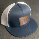 LIMITED EDITION - FLAT BILL Trucker Style Hat with Leather Patch - Navy/White Hat - 30+ Stamp Design Options