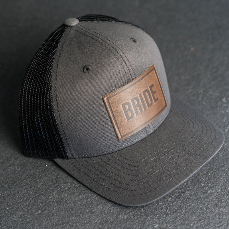 Leather Patch Trucker Style Hats - Bride and Groom (Block) Charcoal / Cafe / Groom (Block)