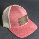 LIMITED EDITION - Red Heather/Birch Color LOW PROFILE Trucker Style Hat with Leather Patch - 30+ Stamp Design Options