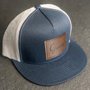 LIMITED EDITION - FLAT BILL Trucker Style Hat with Leather Patch - Navy/White Hat - 30+ Stamp Design Options