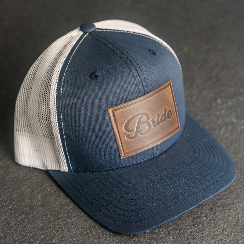 Leather Patch Trucker Style Hats - Bride and Groom (cursive)