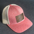 LIMITED EDITION - Red Heather/Birch Color LOW PROFILE Trucker Style Hat with Leather Patch - 30+ Stamp Design Options