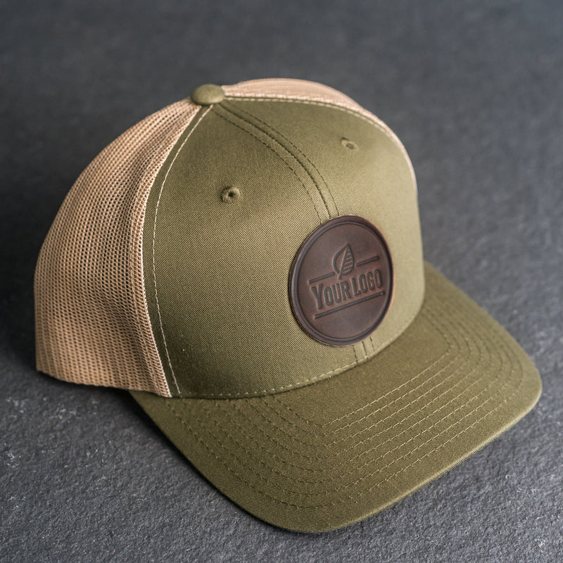 Your Logo on a Leather Patch Trucker Style Hat - Circle Patch