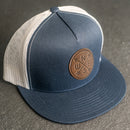 LIMITED EDITION - FLAT BILL Trucker Style Hat with Leather Patch - Navy/White Hat - 30+ Stamp Design Options