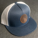 LIMITED EDITION - FLAT BILL Trucker Style Hat with Leather Patch - Navy/White Hat - 30+ Stamp Design Options