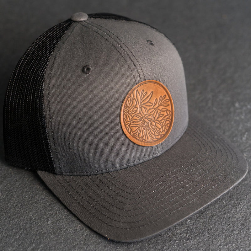 Leather Patch Trucker Style Hat - Circle Patch - Floral Stamp