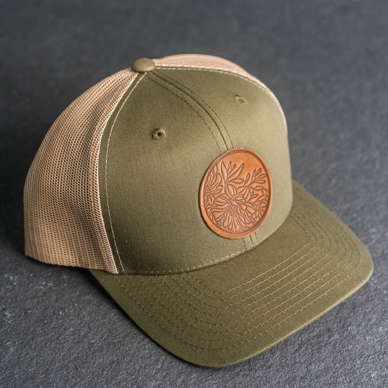 Leather Patch Trucker Style Hat - Circle Patch - Floral Stamp