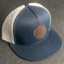 LIMITED EDITION - FLAT BILL Trucker Style Hat with Leather Patch - Navy/White Hat - 30+ Stamp Design Options