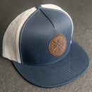 LIMITED EDITION - FLAT BILL Trucker Style Hat with Leather Patch - Navy/White Hat - 30+ Stamp Design Options