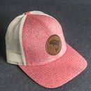 LIMITED EDITION - Red Heather/Birch Color LOW PROFILE Trucker Style Hat with Leather Patch - 30+ Stamp Design Options