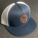 LIMITED EDITION - FLAT BILL Trucker Style Hat with Leather Patch - Navy/White Hat - 30+ Stamp Design Options