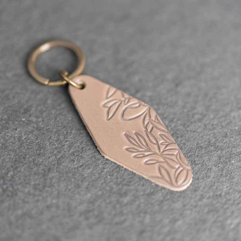 Leather Motel Key Shape Keychain with Stamp Design