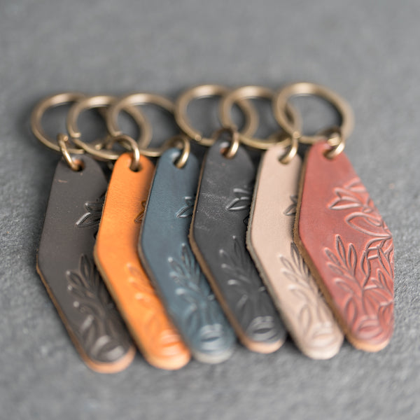 Leather Motel Key Shape Keychain with Stamp Design