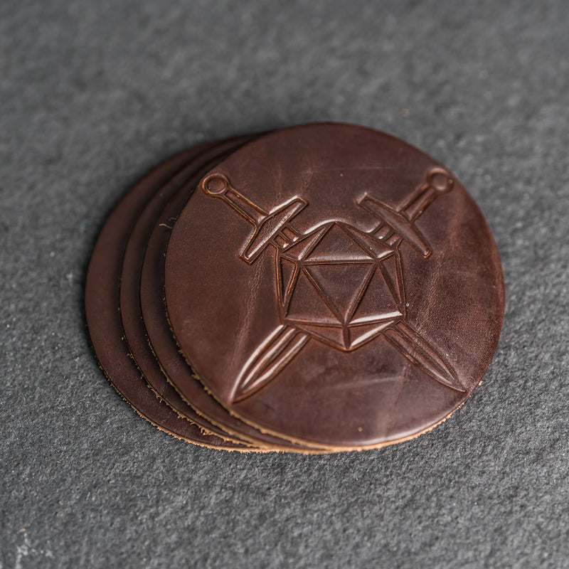 D20 with Swords Symbol Leather Coasters - Set of 4