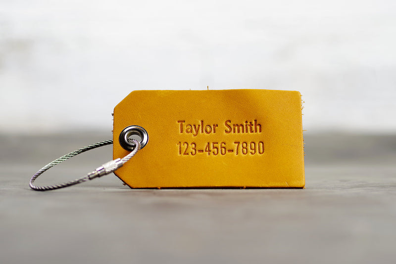 Personalized Leather Luggage Tag - Ox & Pine - Name and Phone Number - Saddle Tan