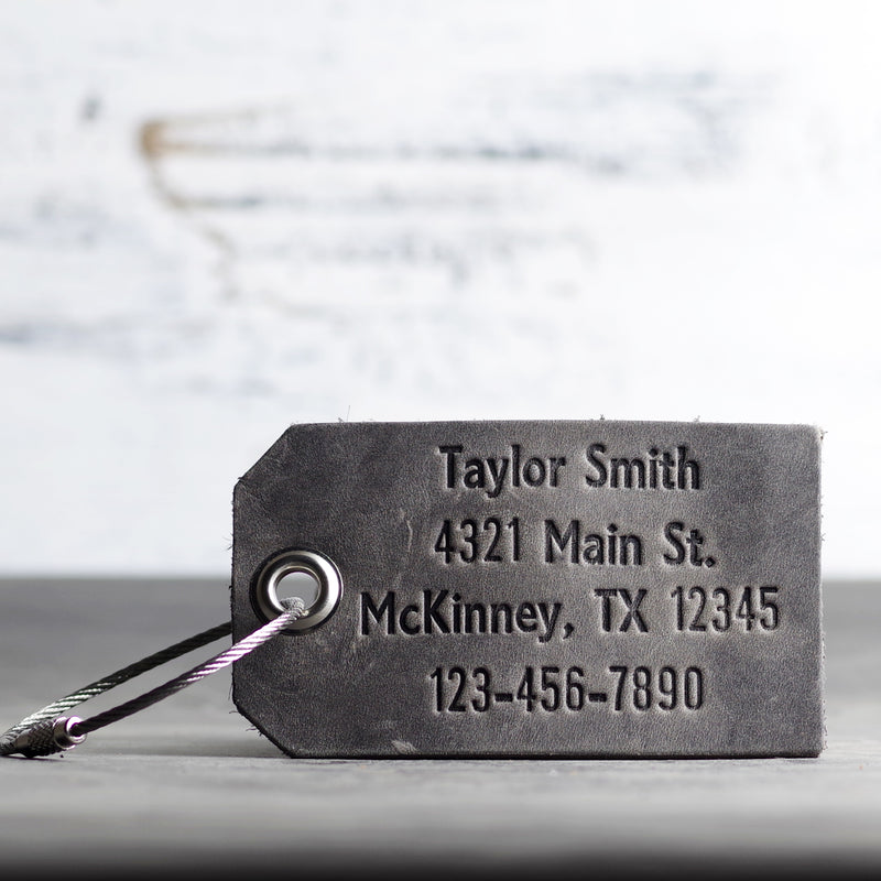 Personalized Leather Luggage Tag - Ox & Pine - Name, Address, Number - Rustic Gray