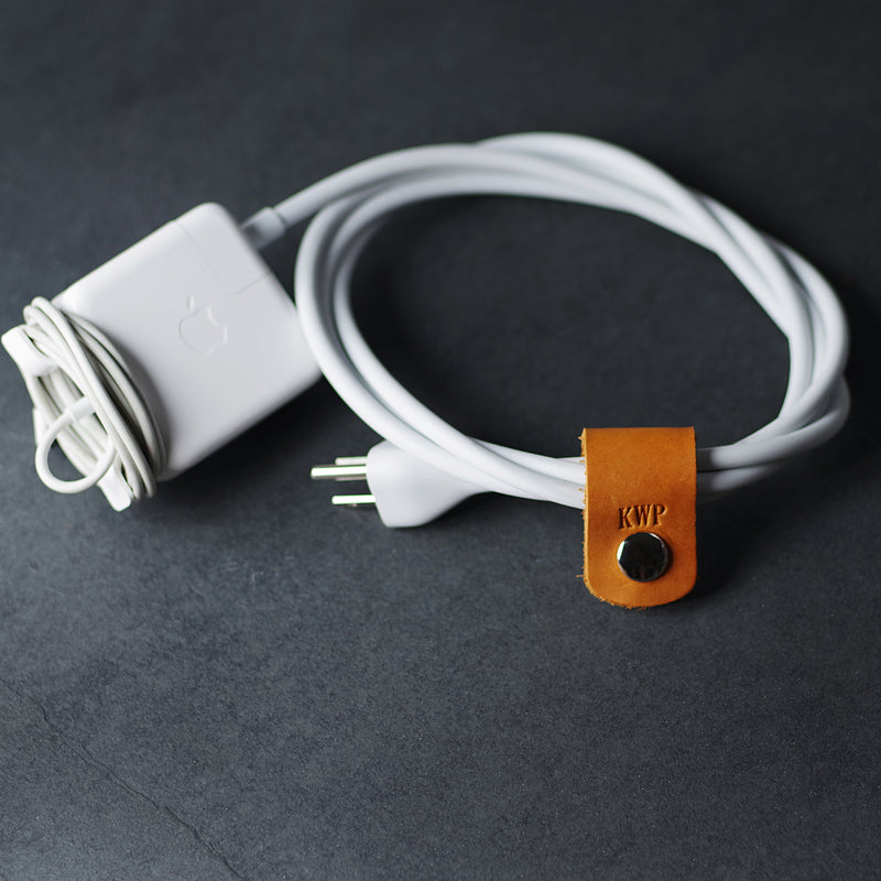 Personalized Leather Cord Wrap for Laptop Charger - Ox & Pine - Saddle Tan