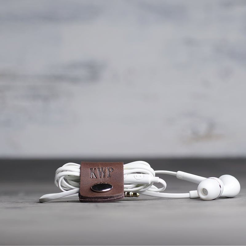 Personalized Leather Headphone Cord Wrap - Ox & Pine - Dark Brown
