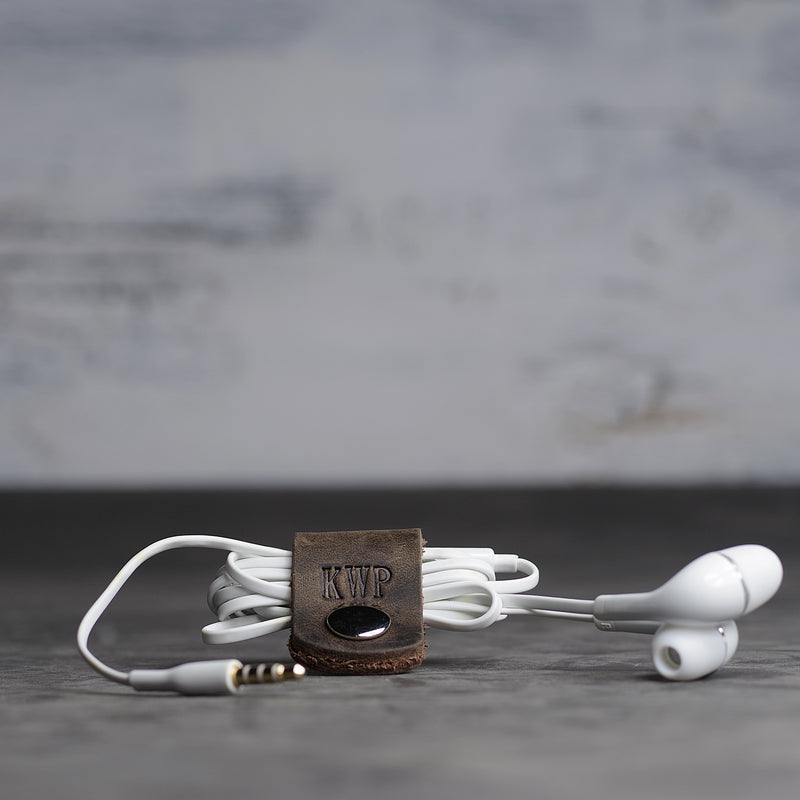 Personalized Leather Headphone Cord Wrap - Ox & Pine - Rustic Brown