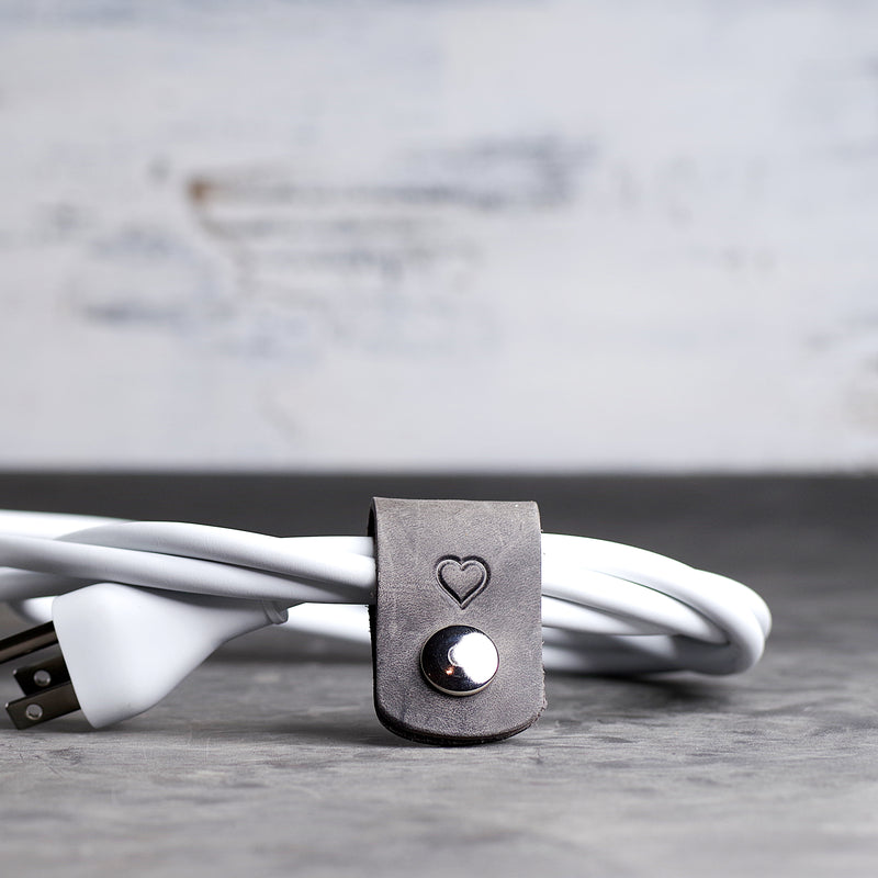 Personalized Leather Cord Wrap for Laptop Charger - Ox & Pine - Rustic Gray