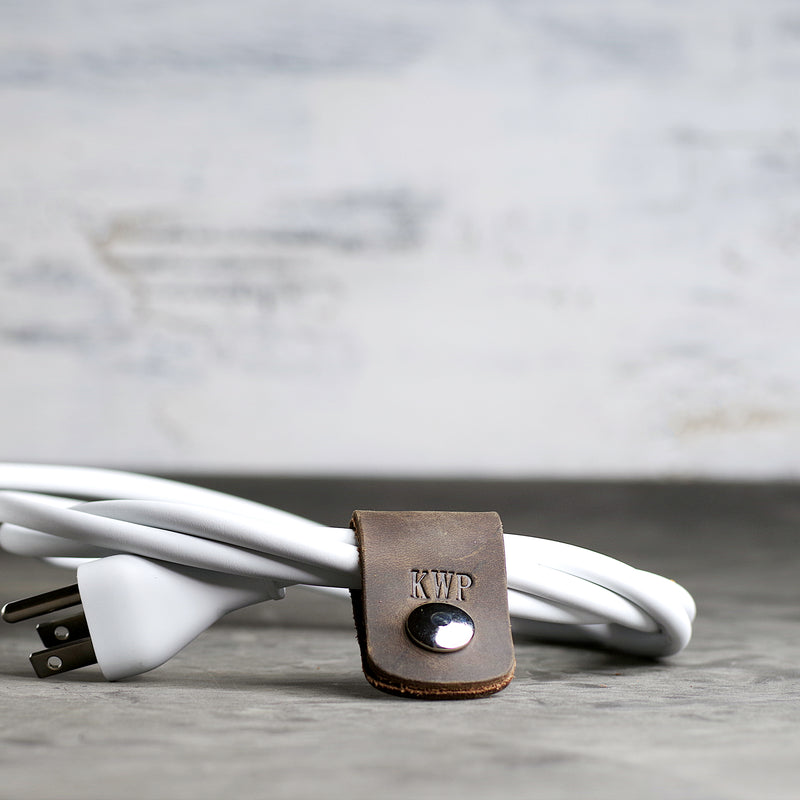 Personalized Leather Cord Wrap for Laptop Charger - Ox & Pine - Rustic Brown