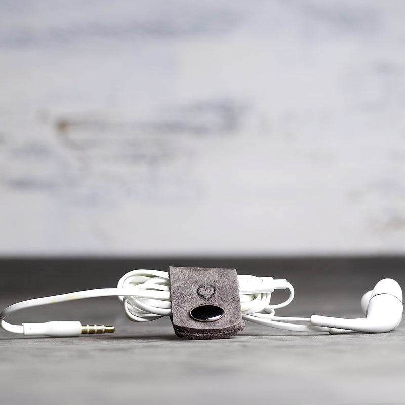 Personalized Leather Headphone Cord Wrap - Ox & Pine - Rustic Gray