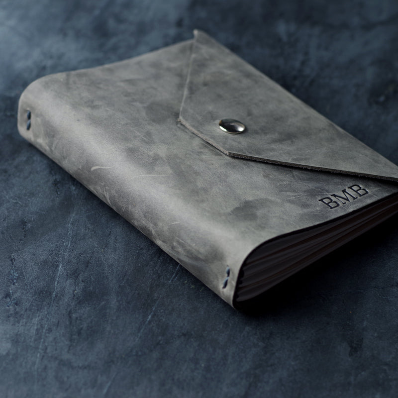 Personalized Refillable Snap Leather Journal - Rustic Gray - Ox & Pine