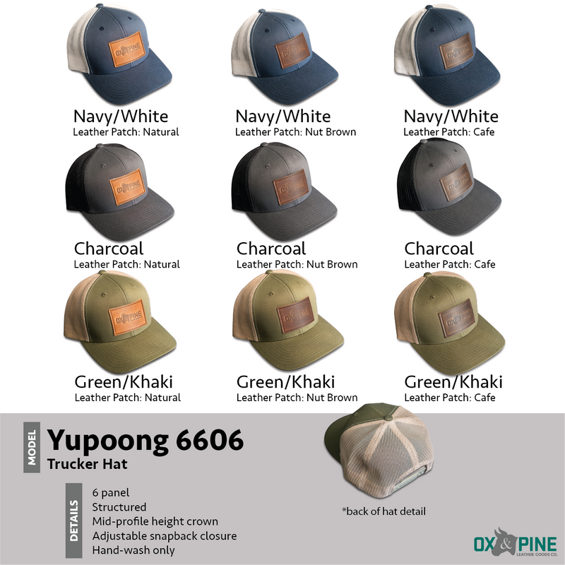 Leather Patch Trucker Style Hat - Pine Tree Ridgeline Stamp